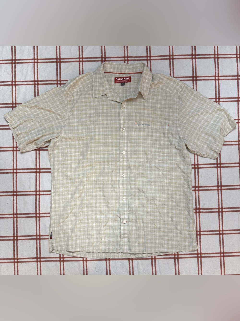 Simms Short Sleeve Khaki/Beige Plaid Button-Down Fishing Shirt Sz XL EUC